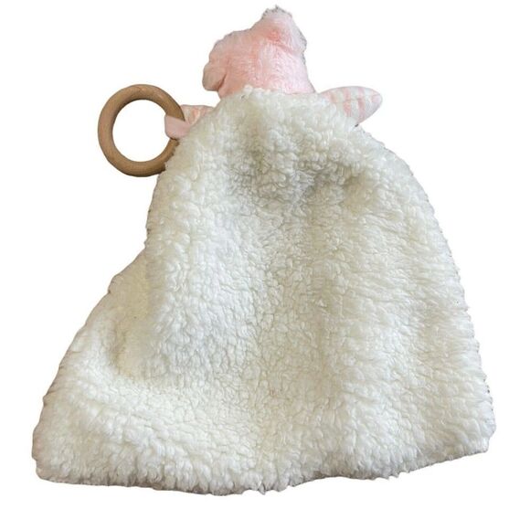 Mud Pie Lovey Pink Hippo Sherpa Wood Ring Baby Comfort Toy Blanket Cozy Plush - Picture 2 of 7